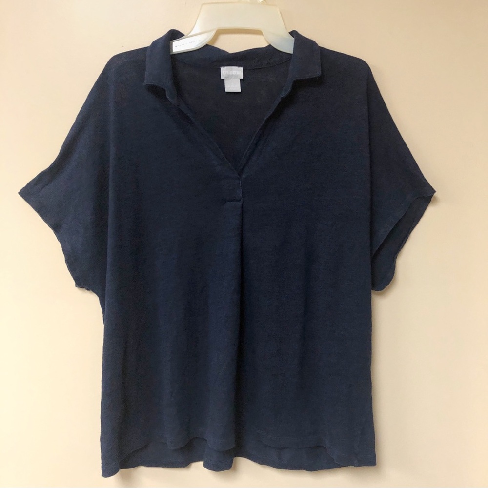 Chico's Size 4 XXL Navy Blue Collared V-Neck 100% Linen Casual Polo Shirt Top